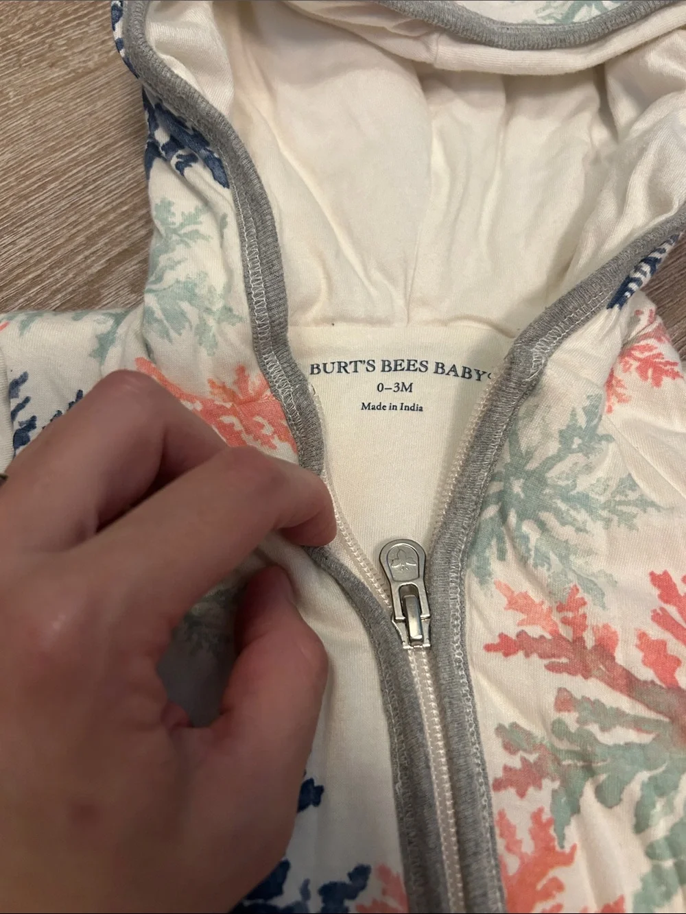 Snowflake-Print Hooded Baby Footie in Cream with Navy, Coral & Mint